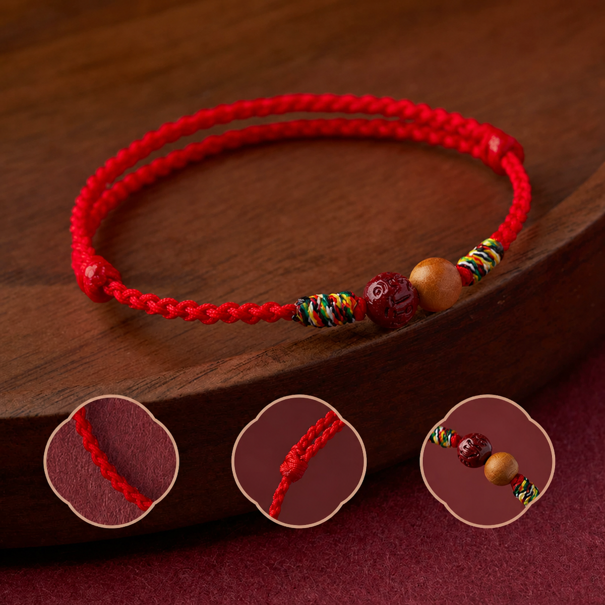 Sacred Orient Peach Wood and Cinnabar Braided Bracelet – product image 4