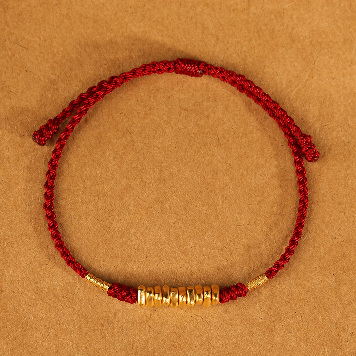Gold-tone bead braided cord bracelet and anklet in red and black cord