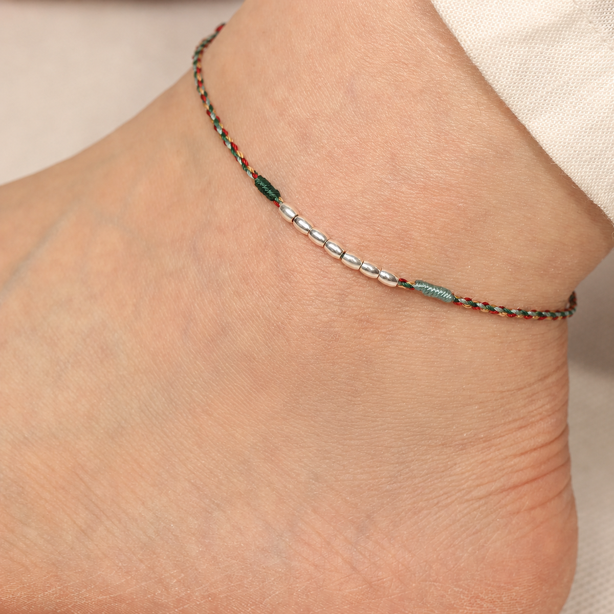 Sacred Orient 925 Sterling Silver Rice Grain Bead Cord Bracelet & Anklet