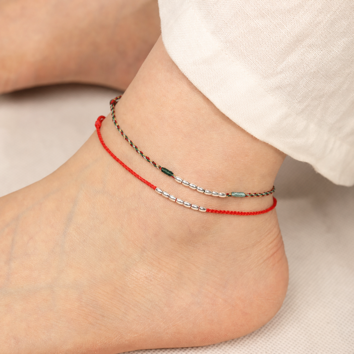 Sacred Orient 925 Sterling Silver Rice Grain Bead Cord Bracelet & Anklet