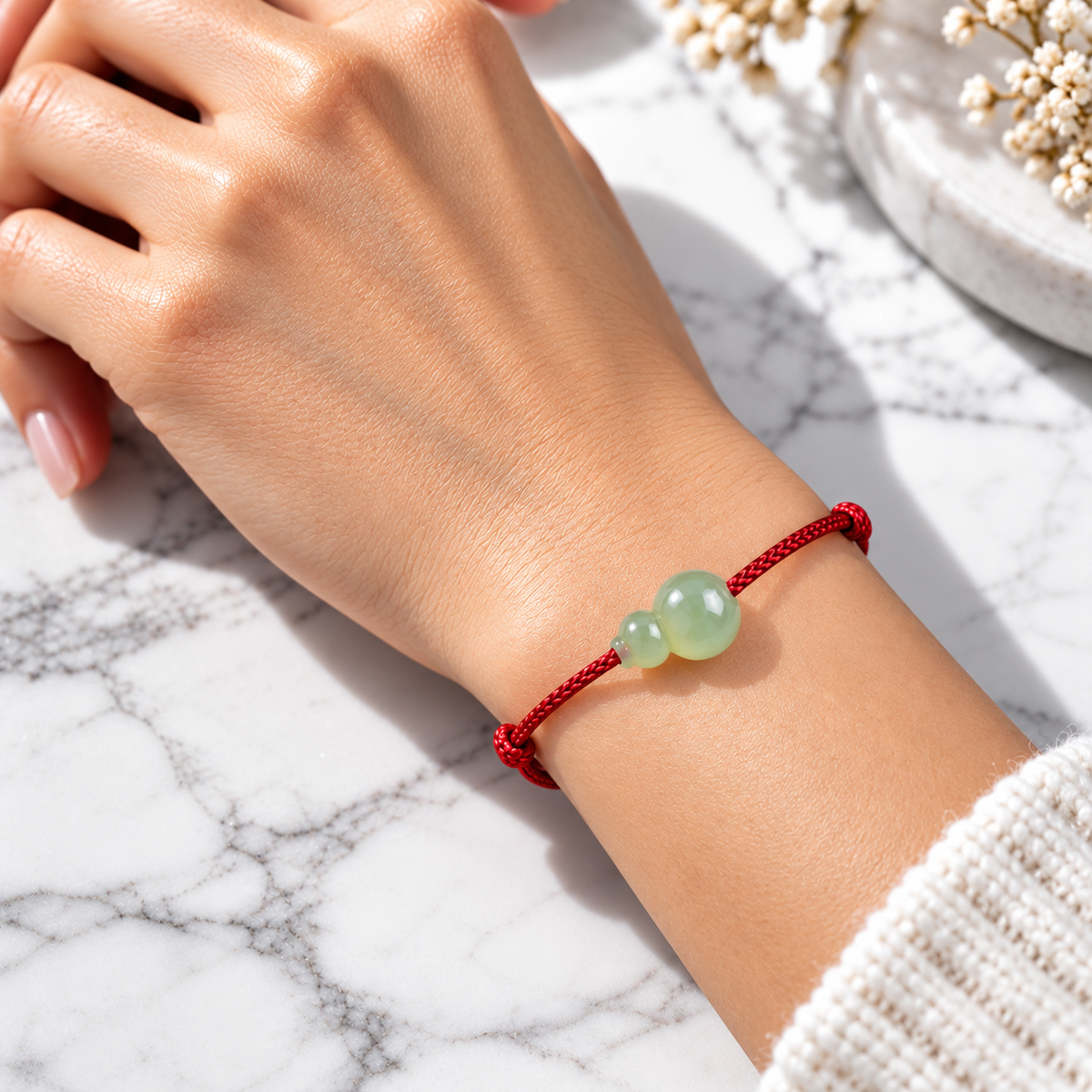 Hetian Jade Gourd Charm Red String Bracelet